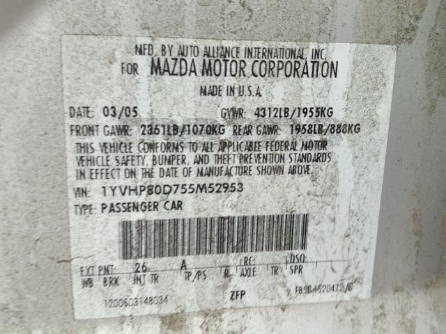 1YVHP80D755M52953 - 2005 MAZDA 6 S SILVER photo 10