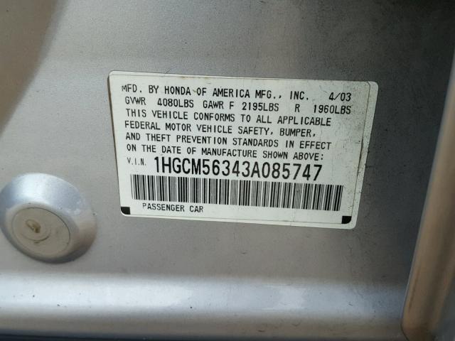 1HGCM56343A085747 - 2003 HONDA ACCORD LX SILVER photo 10