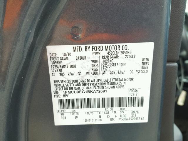 1FMCU0EG1BKA72691 - 2011 FORD ESCAPE LIM BLUE photo 10