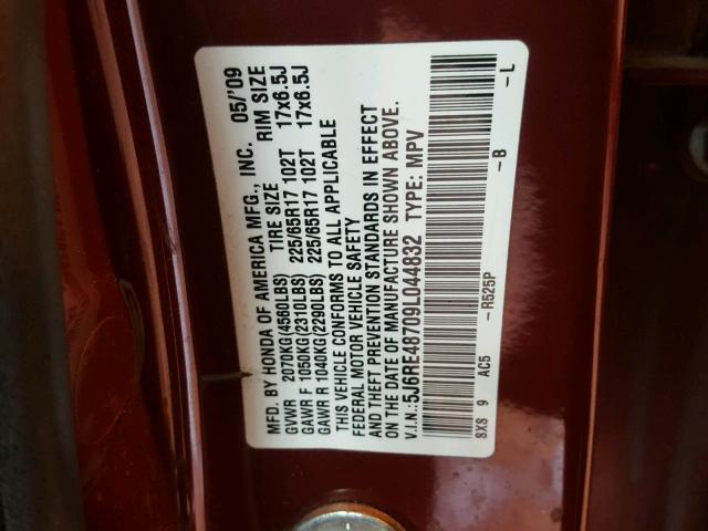 5J6RE48709L044832 - 2009 HONDA CR-V EXL RED photo 10