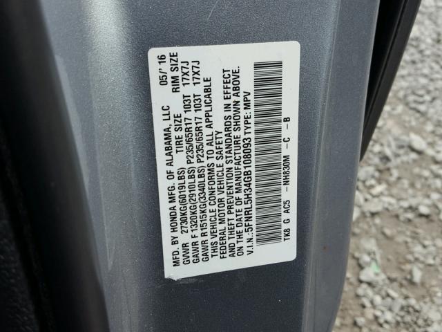 5FNRL5H34GB108093 - 2016 HONDA ODYSSEY SE GRAY photo 10