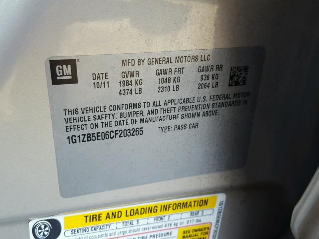 1G1ZB5E06CF203265 - 2012 CHEVROLET MALIBU LS ოქროსფერი ფოტო 10