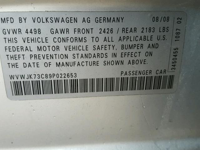 WVWJK73C89P022653 - 2009 VOLKSWAGEN PASSAT TUR SILVER photo 10