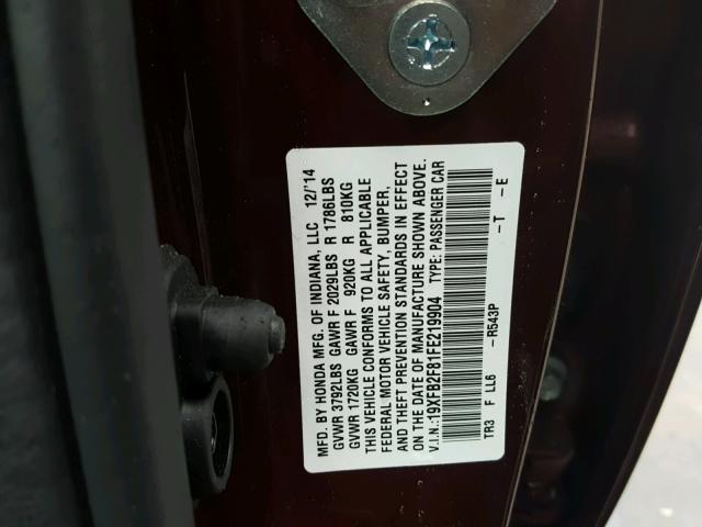 19XFB2F81FE219904 - 2015 HONDA CIVIC EX მუქწითელი ფოტო 10