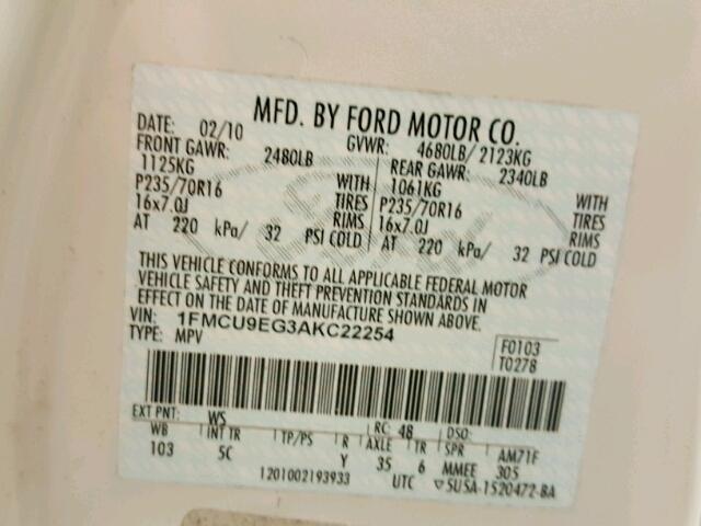 1FMCU9EG3AKC22254 - 2010 FORD ESCAPE LIM WHITE photo 10