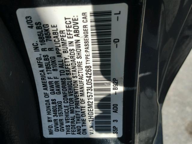 1HGEM21573L054268 - 2003 HONDA CIVIC LX BLACK photo 10