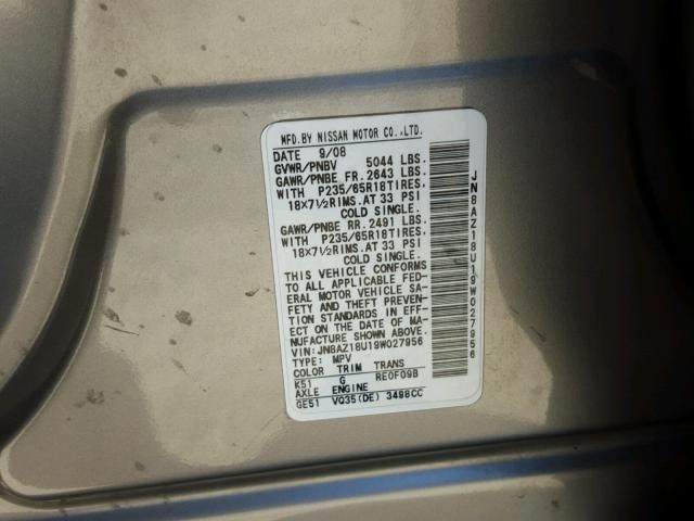 JN8AZ18U19W027956 - 2009 NISSAN MURANO S GRAY photo 10