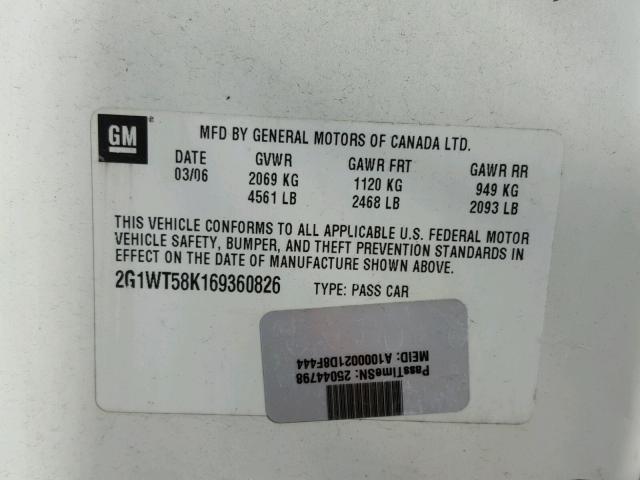 2G1WT58K169360826 - 2006 CHEVROLET IMPALA LT WHITE photo 10