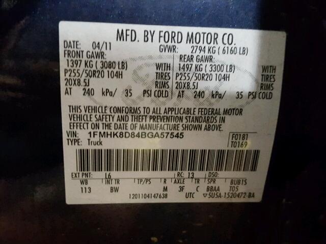 1FMHK8D84BGA57545 - 2011 FORD EXPLORER X BLUE photo 10