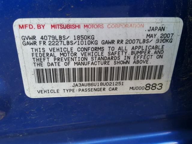 JA3AU86U18U021251 - 2008 MITSUBISHI LANCER GTS BLUE photo 10