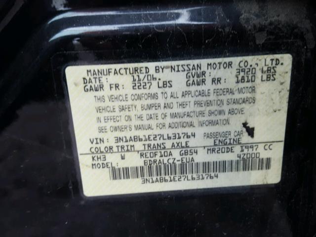 3N1AB61E27L631764 - 2007 NISSAN SENTRA 2.0 BLACK photo 10