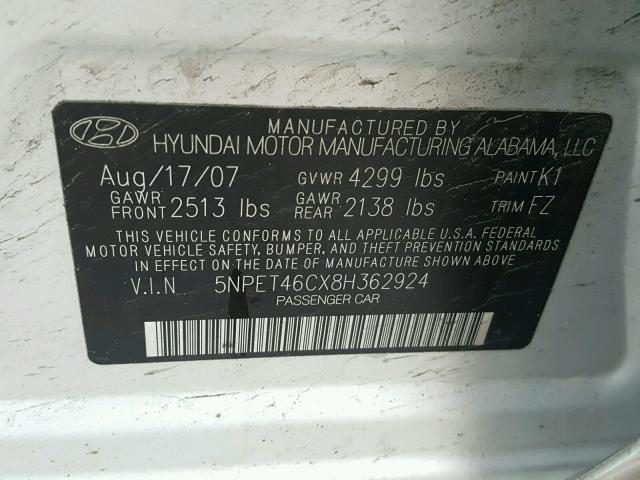 5NPET46CX8H362924 - 2008 HYUNDAI SONATA GLS SILVER photo 10