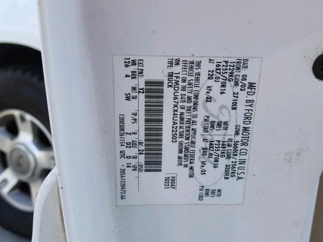 1FMDU67KX4UA22503 - 2004 FORD EXPLORER S WHITE photo 10