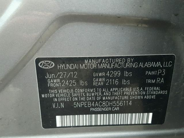 5NPEB4AC8DH556114 - 2013 HYUNDAI SONATA GLS GRAY photo 10