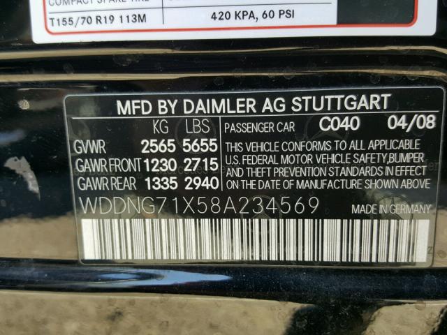 WDDNG71X58A234569 - 2008 MERCEDES-BENZ S550 BLACK photo 10