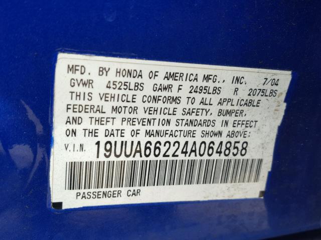 19UUA66224A064858 - 2004 ACURA TL BLUE photo 10