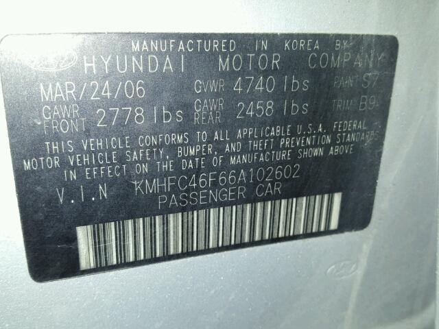 KMHFC46F66A102602 - 2006 HYUNDAI AZERA SE SILVER photo 10