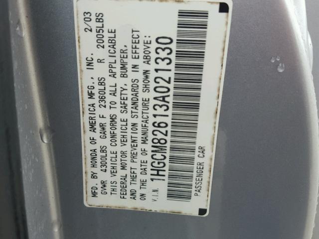 1HGCM82613A021330 - 2003 HONDA ACCORD EX SILVER photo 10