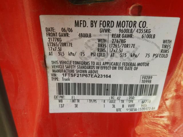 1FTSF21P67EA23164 - 2007 FORD F250 SUPER RED photo 10