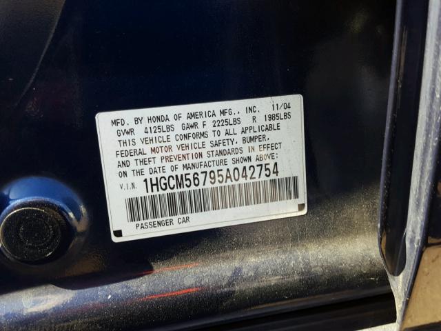 1HGCM56795A042754 - 2005 HONDA ACCORD EX BLUE photo 10