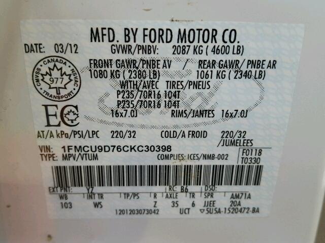 1FMCU9D76CKC30398 - 2012 FORD ESCAPE XLT WHITE photo 10