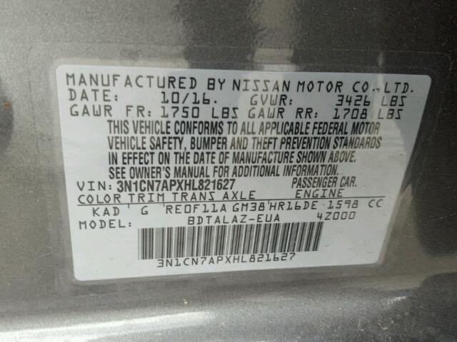 3N1CN7APXHL821627 - 2017 NISSAN VERSA GRAY photo 10