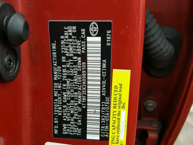 4T1BF3EK2AU089109 - 2010 TOYOTA CAMRY BASE RED photo 10