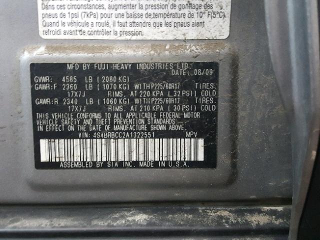 4S4BRBCC2A1322551 - 2010 SUBARU OUTBACK 2. GRAY photo 10