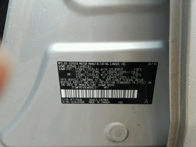 2T3WFREV0EW099231 - 2014 TOYOTA RAV4 XLE SILVER photo 10