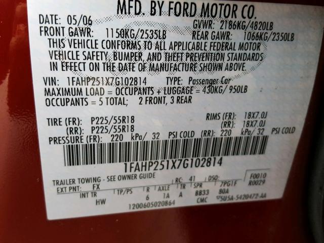 1FAHP251X7G102814 - 2007 FORD FIVE HUNDR BURGUNDY photo 10