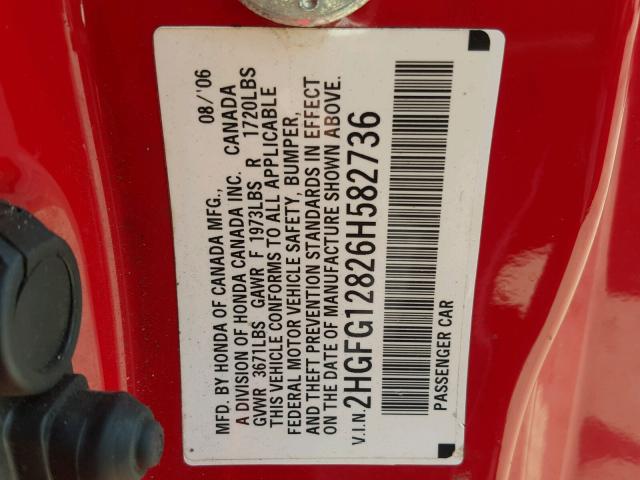 2HGFG12826H582736 - 2006 HONDA CIVIC EX RED photo 10