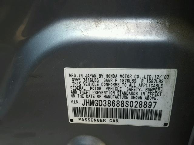 JHMGD38688S028897 - 2008 HONDA FIT SPORT SILVER photo 10