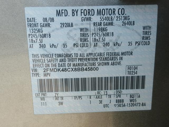 2FMDK48CX8BB45800 - 2008 FORD EDGE SEL SILVER photo 10