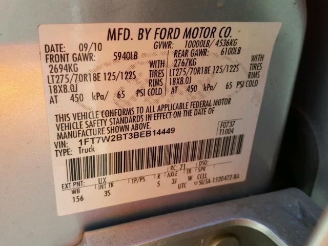 1FT7W2BT3BEB14449 - 2011 FORD F250 SUPER SILVER photo 10