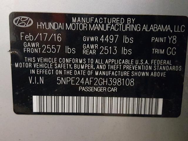 5NPE24AF2GH398108 - 2016 HYUNDAI SONATA SE SILVER photo 10