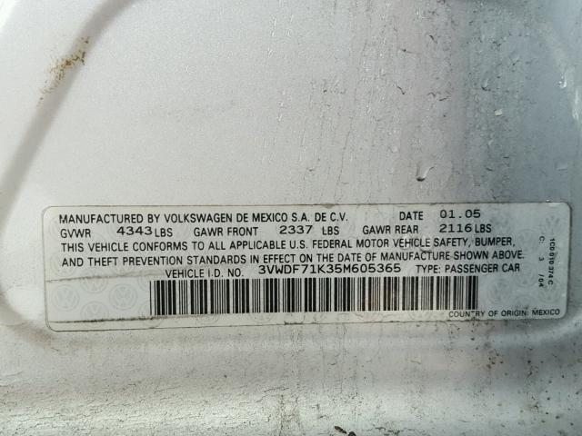 3VWDF71K35M605365 - 2005 VOLKSWAGEN NEW JETTA SILVER photo 10