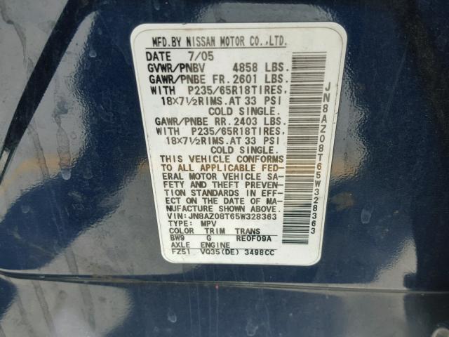 JN8AZ08T65W328363 - 2005 NISSAN MURANO SL BLUE photo 10