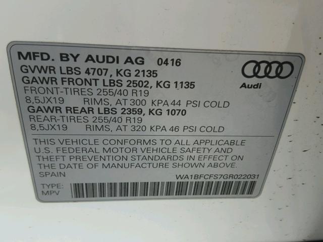 WA1BFCFS7GR022031 - 2016 AUDI Q3 PREMIUM WHITE photo 10