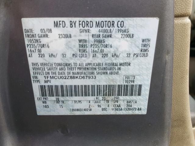 1FMCU02Z88KD67933 - 2008 FORD ESCAPE XLS GRAY photo 10