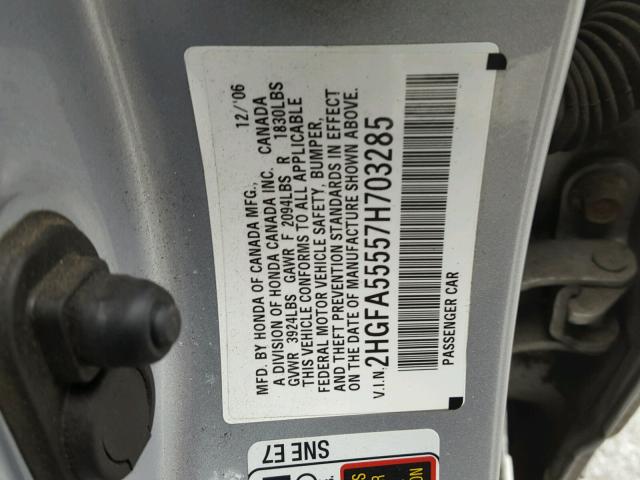 2HGFA55557H703285 - 2007 HONDA CIVIC SI SILVER photo 10