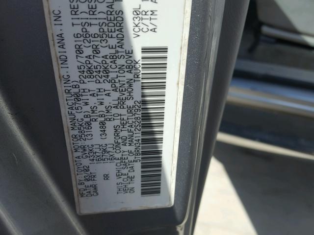 5TBRN34112S287922 - 2002 TOYOTA TUNDRA ACC SILVER photo 10