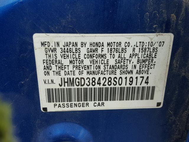 JHMGD38428S019174 - 2008 HONDA FIT BLUE photo 10