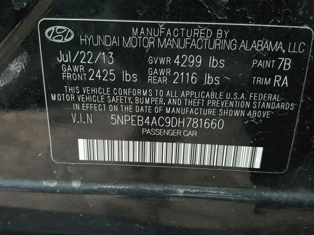 5NPEB4AC9DH781660 - 2013 HYUNDAI SONATA GLS BLACK photo 10