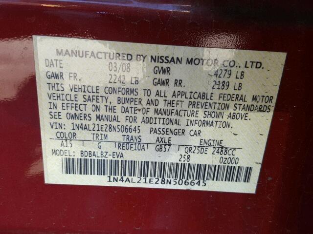 1N4AL21E28N506645 - 2008 NISSAN ALTIMA 2.5 RED photo 10