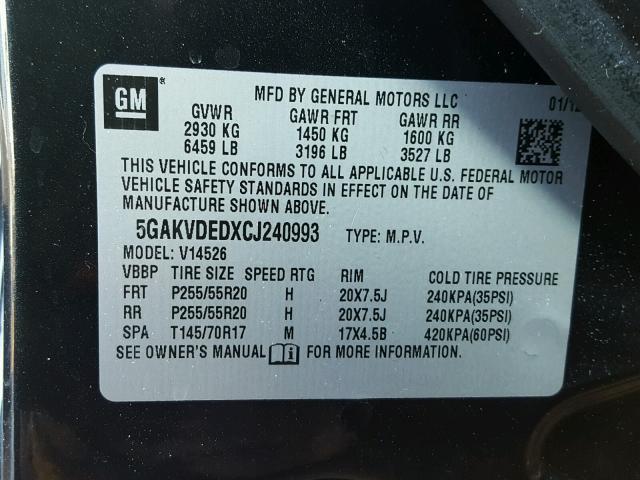 5GAKVDEDXCJ240993 - 2012 BUICK ENCLAVE BLACK photo 10