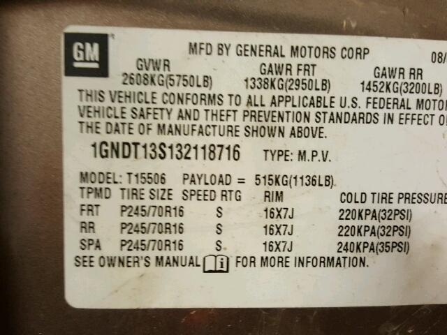 1GNDT13S132118716 - 2003 CHEVROLET TRAILBLAZE TAN photo 10