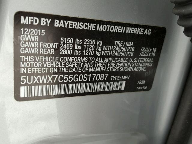 5UXWX7C55G0S17087 - 2016 BMW X3 XDRIVE3 SILVER photo 10