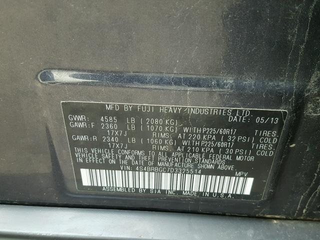 4S4BRBGC7D3325514 - 2013 SUBARU OUTBACK 2. GRAY photo 10