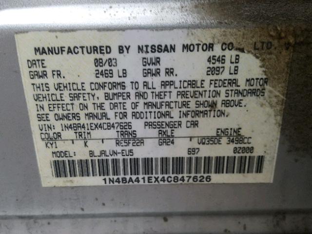 1N4BA41EX4C847626 - 2004 NISSAN MAXIMA SE SILVER photo 10