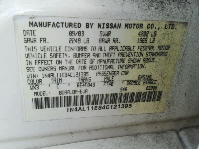 1N4AL11E84C121395 - 2004 NISSAN ALTIMA BAS WHITE photo 10